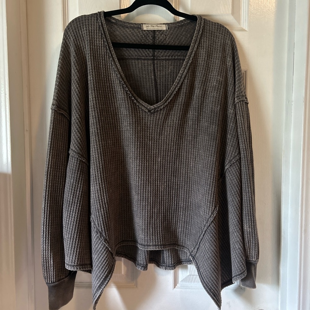 Free People Gray V-Neck Oversized Waffle Knit Top